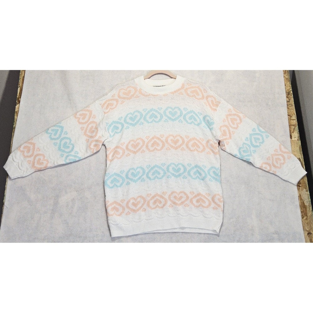 Vtg 80s Sweater Womens Sz‎ M Precious Knits White Pink Blue Heart Made In USA